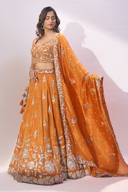 Buy Samyukta Singhania Orange Tissue Embroidery, Sequins Sweetheart Neck, Square Lehenga Blouse Set Online at Aza Fashions Buy_Samyukta Singhania_Orange Tissue Embroidery, Sequins Sweetheart Neck, Square Lehenga Blouse Set _Online_at_Aza_Fashions