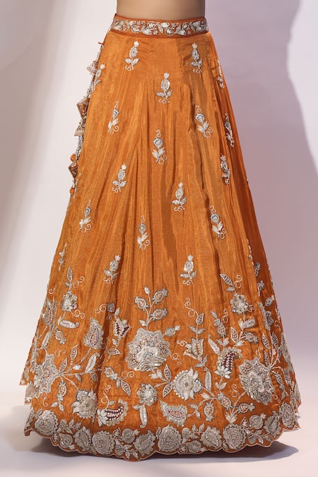 Samyukta Singhania Orange Tissue Embroidery, Sequins Sweetheart Neck, Square Lehenga Blouse Set at Aza Fashions Samyukta Singhania_Orange Tissue Embroidery, Sequins Sweetheart Neck, Square Lehenga Blouse Set _at_Aza_Fashions