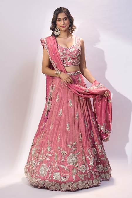 Buy_Samyukta Singhania_Pink Tissue Embroidery, Sequins, Zari Sweetheart Neck Lehenga Set _Online_at_Aza_Fashions