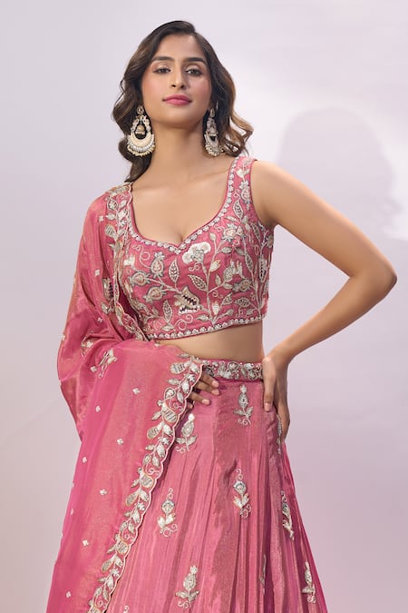 Samyukta Singhania_Pink Tissue Embroidery, Sequins, Zari Sweetheart Neck Lehenga Set _at_Aza_Fashions