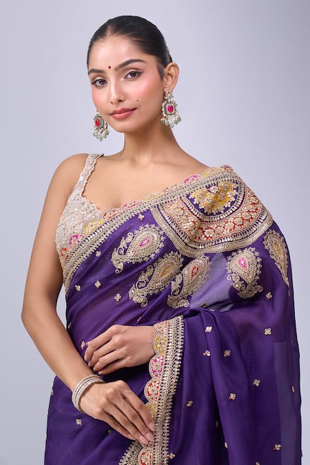 Buy Azeera Purple Organza Embroidery, Zari Saree With Unstitched Blouse Piece Online at Aza Fashions Buy_Azeera_Purple Organza Embroidery, Zari Saree With Unstitched Blouse Piece _Online_at_Aza_Fashions