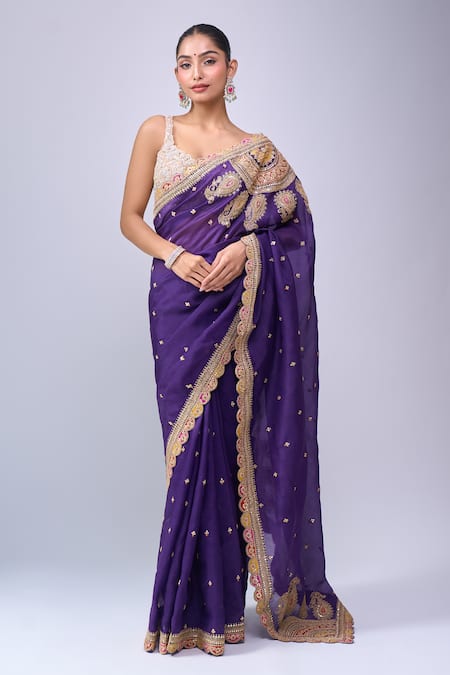 Azeera Purple Embroidered Saree With Unstitched Blouse Piece 