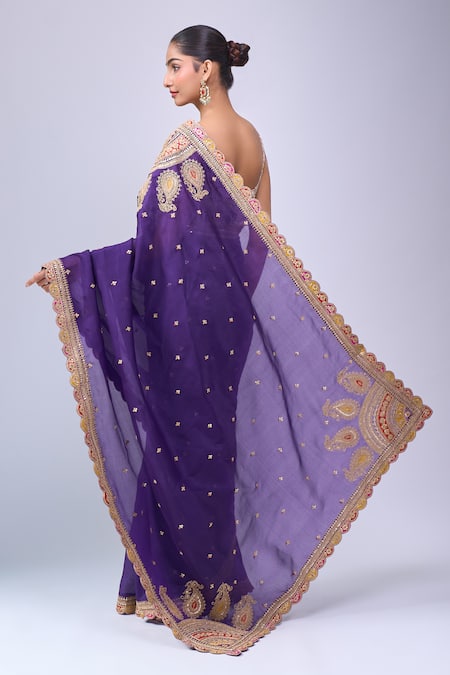Azeera Purple Embroidered Saree With Unstitched Blouse Piece 
