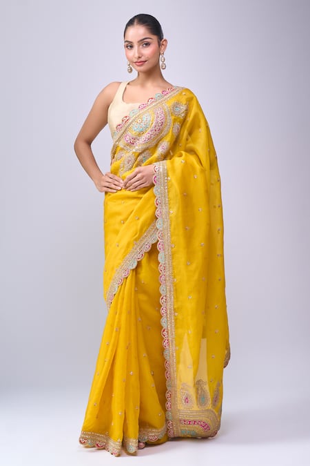 Azeera Mustard Embroidered Saree With Unstitched Blouse Piece 