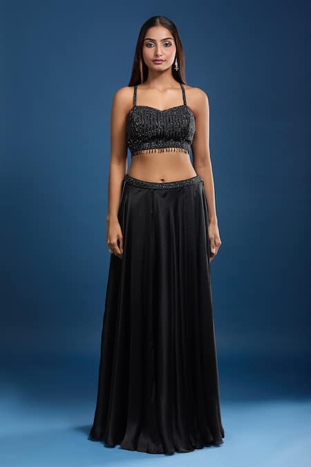 Samyukta Singhania_Black Chinon Beads, Fringe, Embroidery Embellished Blouse And Lehenga Saree Set _Online_at_Aza_Fashions