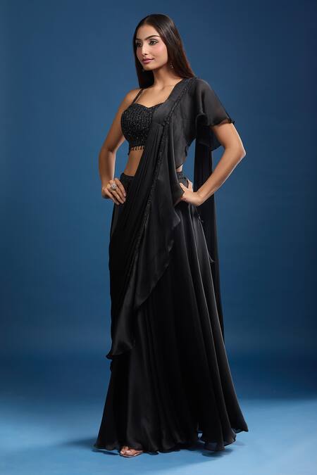 Shop_Samyukta Singhania_Black Chinon Beads, Fringe, Embroidery Embellished Blouse And Lehenga Saree Set _Online_at_Aza_Fashions