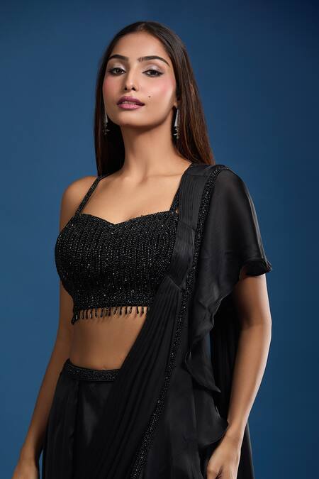 Buy_Samyukta Singhania_Black Chinon Beads, Fringe, Embroidery Embellished Blouse And Lehenga Saree Set 