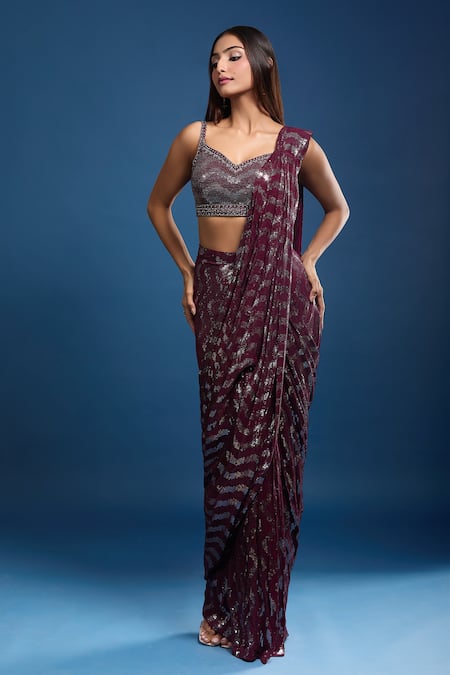Samyukta Singhania Wine Georgette Sequins Sweetheart Neck Hand Work Pre-draped Saree And Blouse Online at Aza Fashions Samyukta Singhania_Wine Georgette Sequins Sweetheart Neck Hand Work Pre-draped Saree And Blouse _Online_at_Aza_Fashions