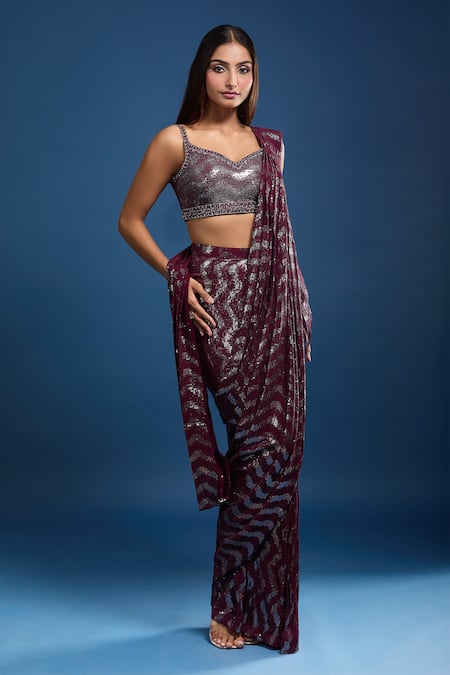 Buy Samyukta Singhania Wine Georgette Sequins Sweetheart Neck Hand Work Pre-draped Saree And Blouse Online at Aza Fashions Buy_Samyukta Singhania_Wine Georgette Sequins Sweetheart Neck Hand Work Pre-draped Saree And Blouse _Online_at_Aza_Fashions