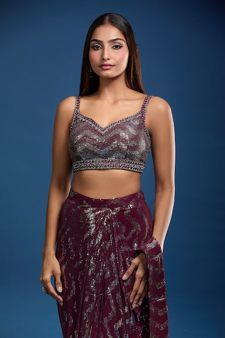 Shop Samyukta Singhania Wine Georgette Sequins Sweetheart Neck Hand Work Pre-draped Saree And Blouse Online at Aza Fashions Shop_Samyukta Singhania_Wine Georgette Sequins Sweetheart Neck Hand Work Pre-draped Saree And Blouse _Online_at_Aza_Fashions