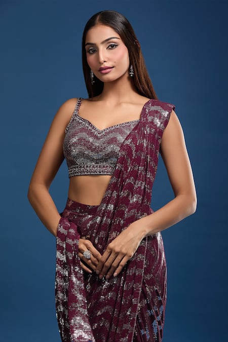 Samyukta Singhania Wine Georgette Sequins Sweetheart Neck Hand Work Pre-draped Saree And Blouse at Aza Fashions Samyukta Singhania_Wine Georgette Sequins Sweetheart Neck Hand Work Pre-draped Saree And Blouse _at_Aza_Fashions
