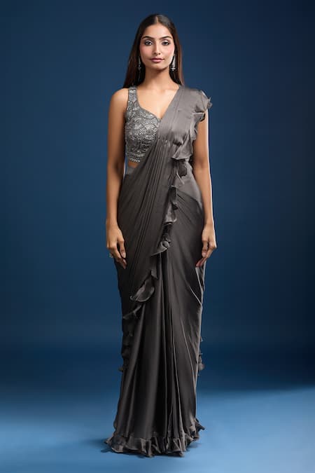 Buy_Samyukta Singhania_Gray Chinon Sequins, Beads, Embroidery Ruffled Pre-draped Saree And Blouse _Online_at_Aza_Fashions