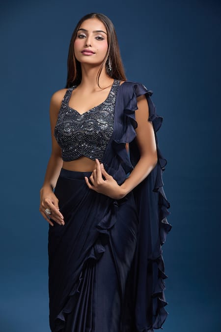 Samyukta Singhania Blue Chinon Ruffles, Beads, Sequins, Pre-draped Saree And Embroidered Blouse Online at Aza Fashions Samyukta Singhania_Blue Chinon Ruffles, Beads, Sequins, Pre-draped Saree And Embroidered Blouse _Online_at_Aza_Fashions