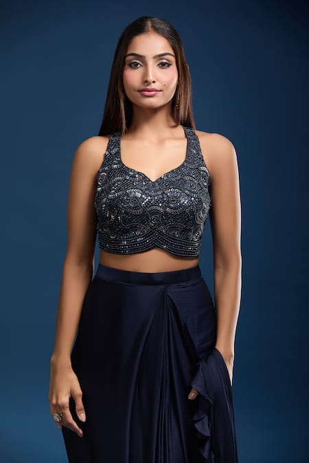 Buy Samyukta Singhania Blue Chinon Ruffles, Beads, Sequins, Pre-draped Saree And Embroidered Blouse Online at Aza Fashions Buy_Samyukta Singhania_Blue Chinon Ruffles, Beads, Sequins, Pre-draped Saree And Embroidered Blouse _Online_at_Aza_Fashions