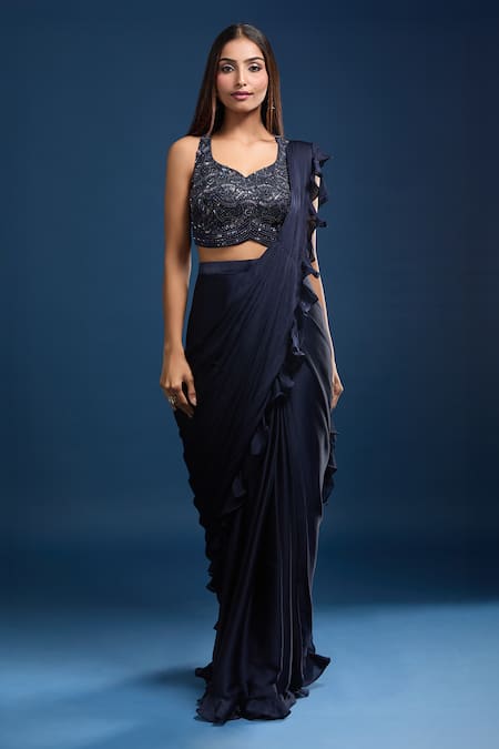 Samyukta Singhania Blue Chinon Ruffles, Beads, Sequins, Pre-draped Saree And Embroidered Blouse at Aza Fashions Samyukta Singhania_Blue Chinon Ruffles, Beads, Sequins, Pre-draped Saree And Embroidered Blouse _at_Aza_Fashions