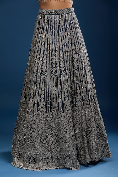 Samyukta Singhania_Blue Georgette Embroidery, Sequins, Stones, Beads V-neck Lehenga Set _at_Aza_Fashions