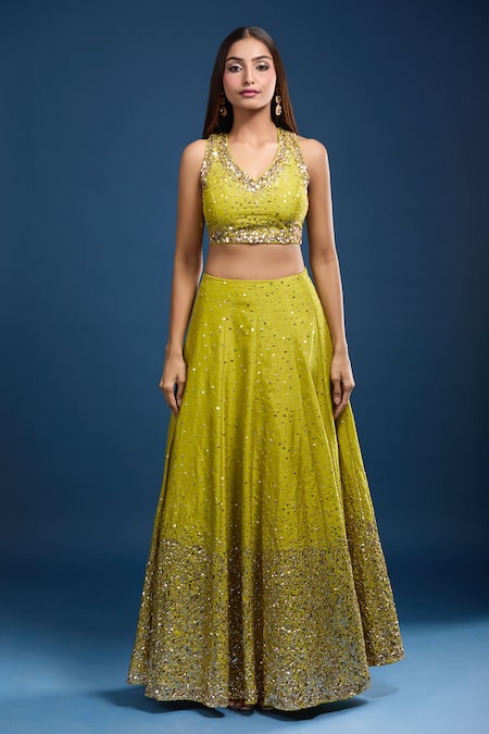 Samyukta Singhania Yellow Silk Sequins, Zari V-neck Embroidered Lehenga Set Online at Aza Fashions Samyukta Singhania_Yellow Silk Sequins, Zari V-neck Embroidered Lehenga Set _Online_at_Aza_Fashions