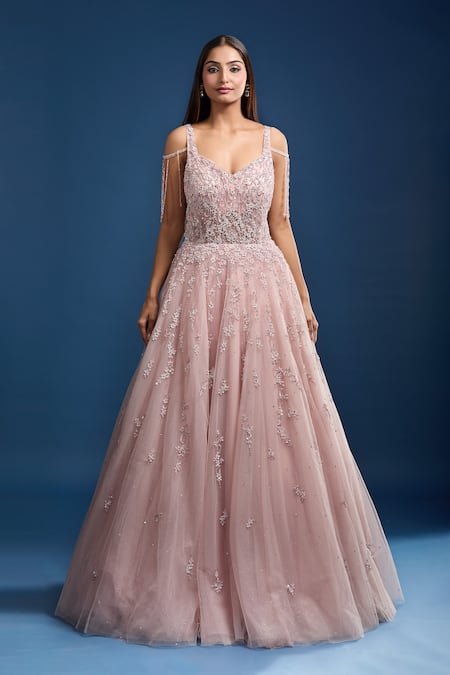 Samyukta Singhania Pink Net Beads, Sequins, Embroidery Tassle Strap Embellished Ball Gown Online at Aza Fashions Samyukta Singhania_Pink Net Beads, Sequins, Embroidery Tassle Strap Embellished Ball Gown _Online_at_Aza_Fashions