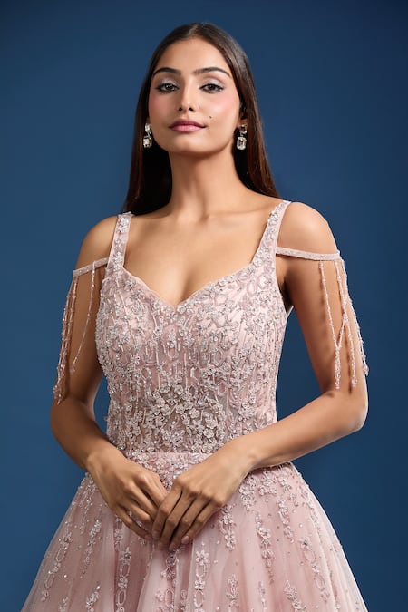 Shop Samyukta Singhania Pink Net Beads, Sequins, Embroidery Tassle Strap Embellished Ball Gown Online at Aza Fashions Shop_Samyukta Singhania_Pink Net Beads, Sequins, Embroidery Tassle Strap Embellished Ball Gown _Online_at_Aza_Fashions