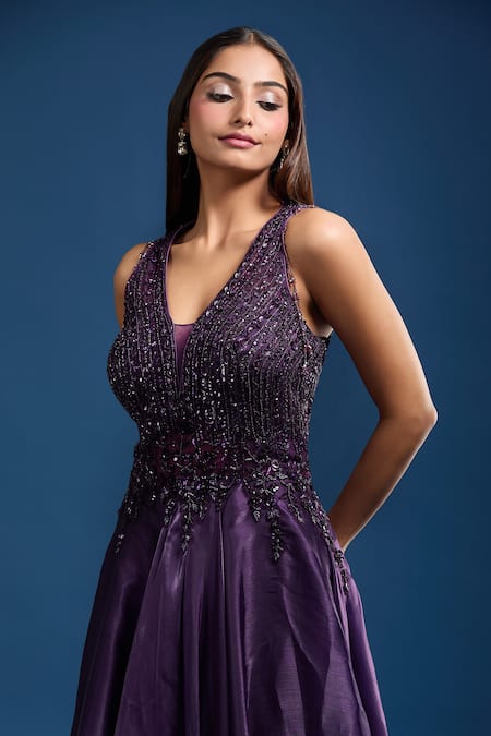 Samyukta Singhania Purple Net Beads, Sequins V-neck Embellished Flared A-line Gown Online at Aza Fashions Samyukta Singhania_Purple Net Beads, Sequins V-neck Embellished Flared A-line Gown _Online_at_Aza_Fashions