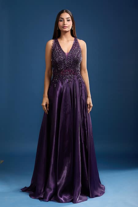 Buy Samyukta Singhania Purple Net Beads, Sequins V-neck Embellished Flared A-line Gown Online at Aza Fashions Buy_Samyukta Singhania_Purple Net Beads, Sequins V-neck Embellished Flared A-line Gown _Online_at_Aza_Fashions