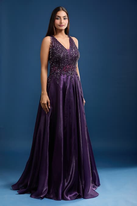 Shop Samyukta Singhania Purple Net Beads, Sequins V-neck Embellished Flared A-line Gown Online at Aza Fashions Shop_Samyukta Singhania_Purple Net Beads, Sequins V-neck Embellished Flared A-line Gown _Online_at_Aza_Fashions