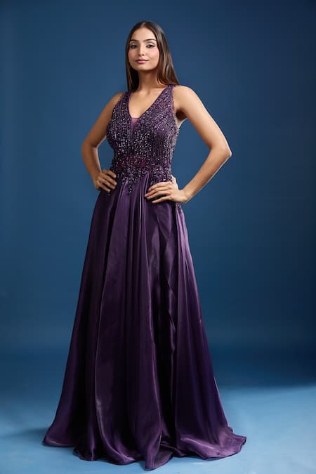 Samyukta Singhania Purple Net Beads, Sequins V-neck Embellished Flared A-line Gown at Aza Fashions Samyukta Singhania_Purple Net Beads, Sequins V-neck Embellished Flared A-line Gown _at_Aza_Fashions