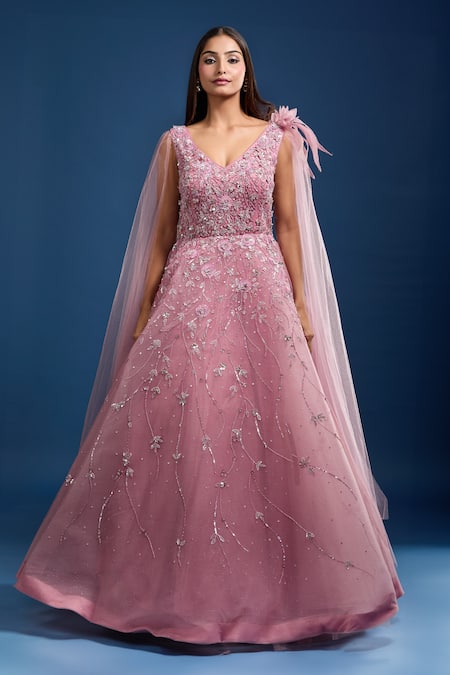 Samyukta Singhania_Pink Net Embroidery, Sequins, Stones V-neck Cape Sleeve Ball Gown _Online_at_Aza_Fashions