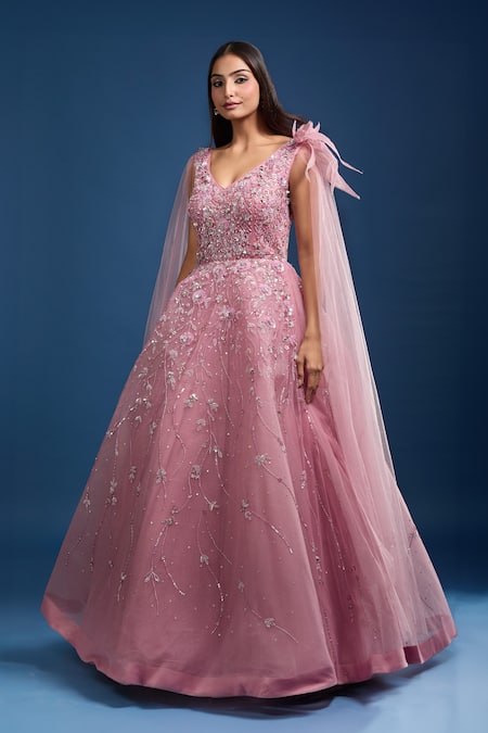 Buy_Samyukta Singhania_Pink Net Embroidery, Sequins, Stones V-neck Cape Sleeve Ball Gown _Online_at_Aza_Fashions