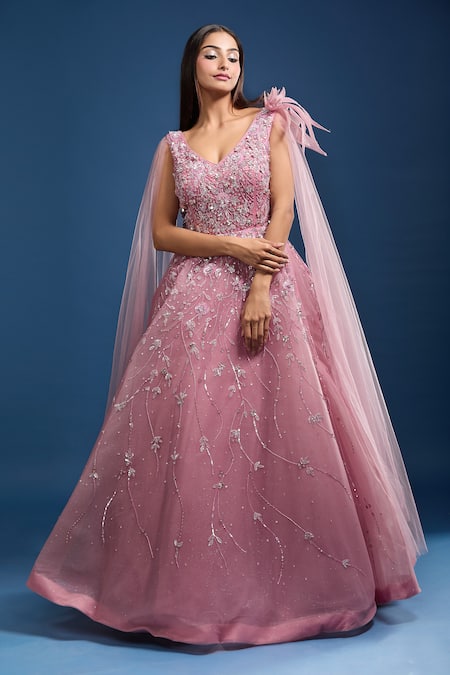 Samyukta Singhania Cape Sleeve Embroidered Net Ball Gown 