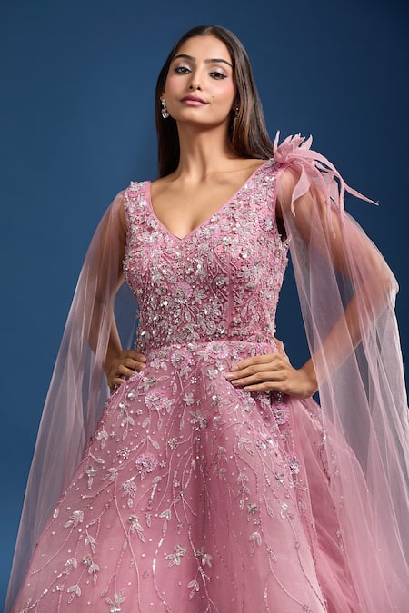 Samyukta Singhania_Pink Net Embroidery, Sequins, Stones V-neck Cape Sleeve Ball Gown _at_Aza_Fashions
