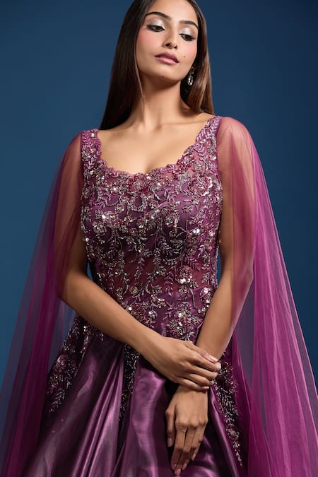 Buy Samyukta Singhania Wine Tissue Sequins, Stones, Embroidery Scoop Neck Cape Sleeve Flared Gown Online at Aza Fashions Buy_Samyukta Singhania_Wine Tissue Sequins, Stones, Embroidery Scoop Neck Cape Sleeve Flared Gown _Online_at_Aza_Fashions