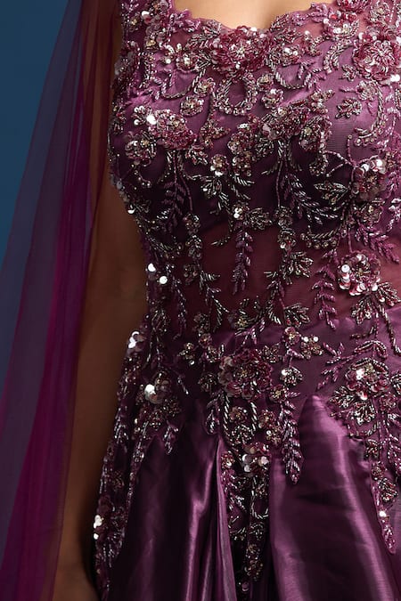 Samyukta Singhania Wine Tissue Sequins, Stones, Embroidery Scoop Neck Cape Sleeve Flared Gown at Aza Fashions Samyukta Singhania_Wine Tissue Sequins, Stones, Embroidery Scoop Neck Cape Sleeve Flared Gown _at_Aza_Fashions