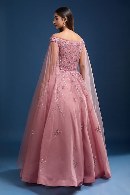 Samyukta Singhania Embroidered Off Shoulder Gown With Cape Sleeves 