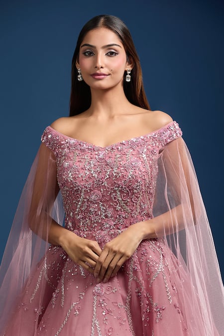 Buy Samyukta Singhania Pink Net Sequins, Stones, Embroidery Sweetheart Off Gown With Cape Sleeves Online at Aza Fashions Buy_Samyukta Singhania_Pink Net Sequins, Stones, Embroidery Sweetheart Off Gown With Cape Sleeves _Online_at_Aza_Fashions