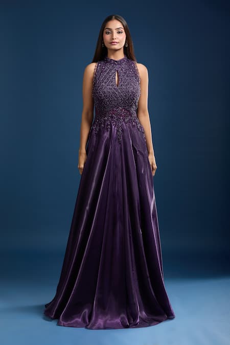 Samyukta Singhania_Purple Tissue Beads, Sequins High , Keyhole Embellished Gown _Online_at_Aza_Fashions