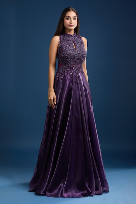 Buy_Samyukta Singhania_Purple Tissue Beads, Sequins High , Keyhole Embellished Gown _Online_at_Aza_Fashions