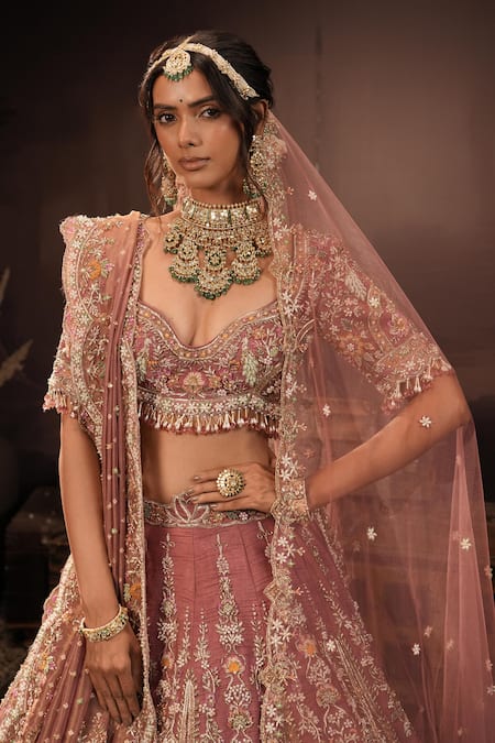 Buy_House of ayra_Pink Silk, Net Embroidery, Zari, Beads, Amythesyt Resham Bridal Lehenga Set _Online_at_Aza_Fashions