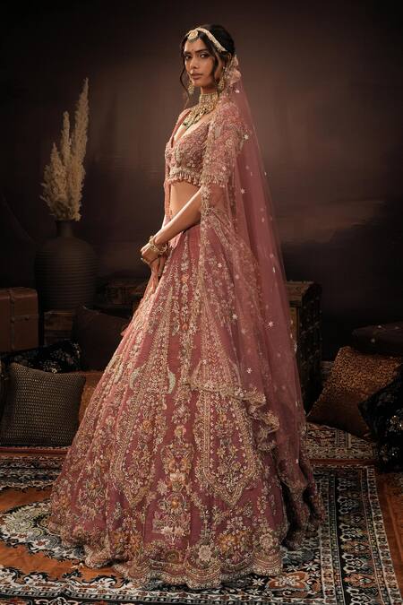 Shop_House of ayra_Pink Silk, Net Embroidery, Zari, Beads, Amythesyt Resham Bridal Lehenga Set _Online_at_Aza_Fashions