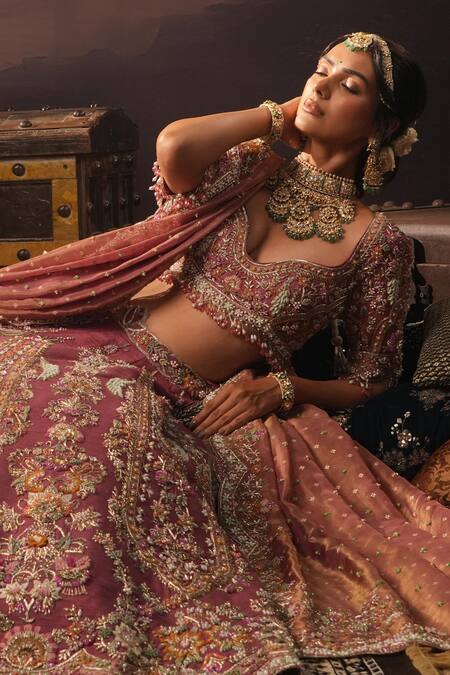 House of ayra_Pink Silk, Net Embroidery, Zari, Beads, Amythesyt Resham Bridal Lehenga Set _at_Aza_Fashions