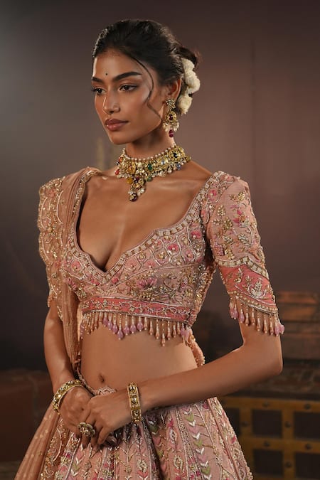 House of ayra_Peach Silk, Net Embroidery, Zari, Mirrors, Flora Thread Bridal Lehenga Set _Online_at_Aza_Fashions
