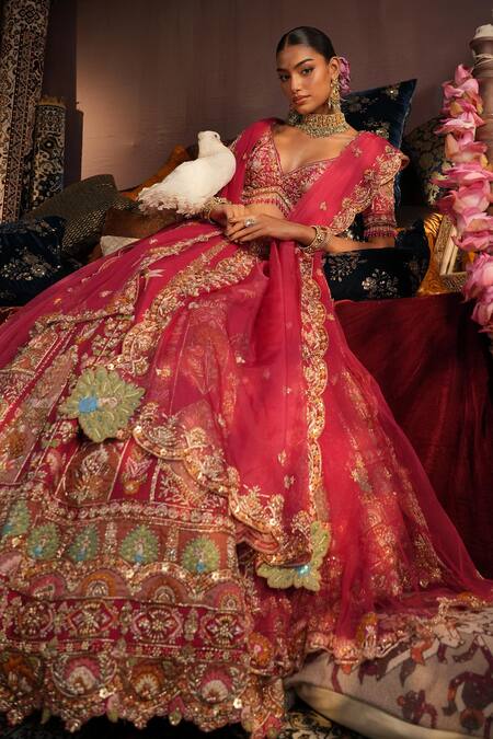 House of ayra_Pink Silk Embroidery, Beads, Zari, Sequins Pankh Floral Bridal Lehenga Set _Online_at_Aza_Fashions