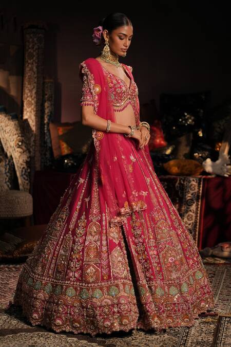 Buy_House of ayra_Pink Silk Embroidery, Beads, Zari, Sequins Pankh Floral Bridal Lehenga Set _Online_at_Aza_Fashions