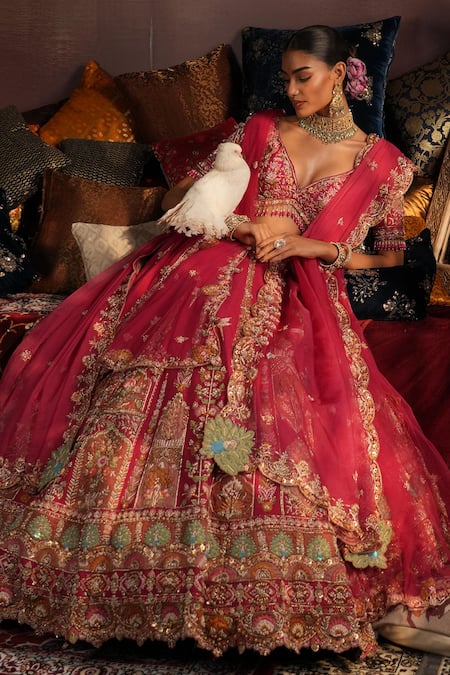 Shop_House of ayra_Pink Silk Embroidery, Beads, Zari, Sequins Pankh Floral Bridal Lehenga Set _Online_at_Aza_Fashions