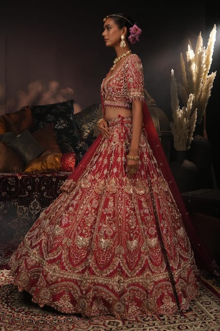 House of ayra_Red Silk Embroidery, Zari Sweetheart Neck Mystique Bridal Lehenga Set _Online_at_Aza_Fashions