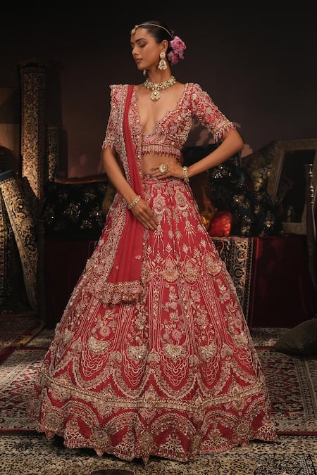 Shop_House of ayra_Red Silk Embroidery, Zari Sweetheart Neck Mystique Bridal Lehenga Set _Online_at_Aza_Fashions