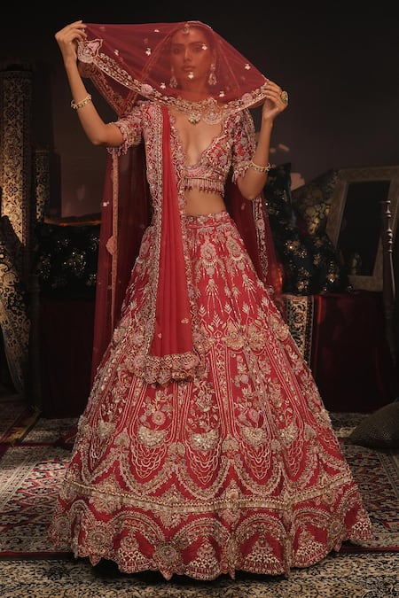 House of ayra_Red Silk Embroidery, Zari Sweetheart Neck Mystique Bridal Lehenga Set _at_Aza_Fashions