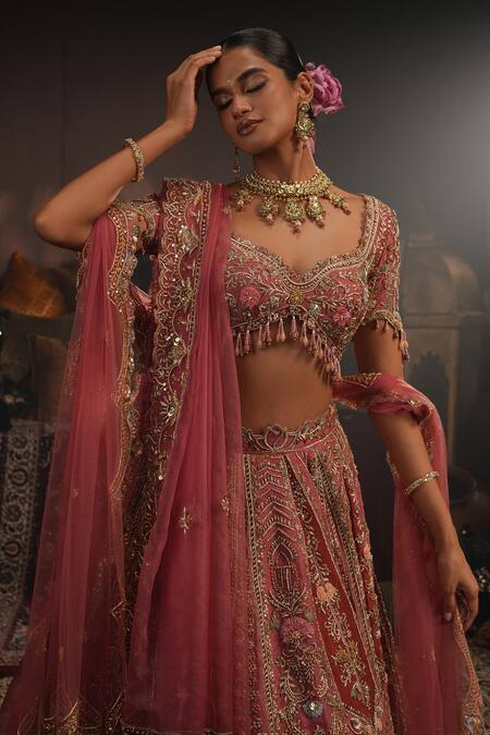 House of ayra_Pink Silk Embroidery, Sequins, Tassels, Zari Sweetheart Rose Bridal Lehenga Set _Online_at_Aza_Fashions