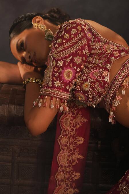 House of ayra_Maroon Silk, Net Embroidery, Beads, Sequins, Zari, Saanj Bridal Lehenga Set _Online_at_Aza_Fashions