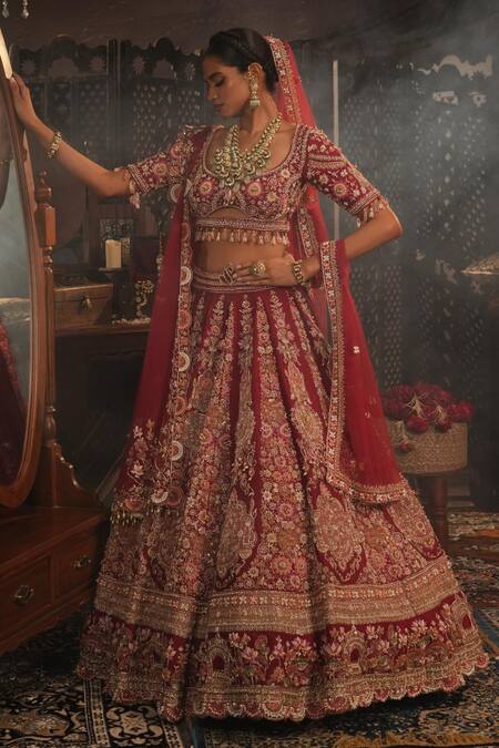 Buy_House of ayra_Maroon Silk, Net Embroidery, Beads, Sequins, Zari, Saanj Bridal Lehenga Set _Online_at_Aza_Fashions